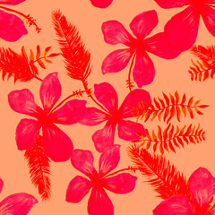Fototapeta na wymiar Pink Seamless Design. Scarlet Pattern Background. Red Tropical Vintage. Ruby Flower Plant. Coral Drawing Leaf. Spring Exotic. Flora Hibiscus. Floral Painting.
