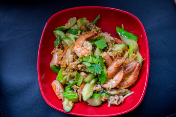 Food background, menu (spicy stir-fried shrimp) appetizing colors with steamed rice, delicious taste