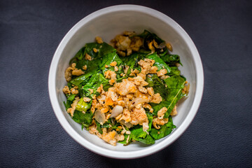 Food background, menu (spicy stir-fried shrimp) appetizing colors with steamed rice, delicious taste