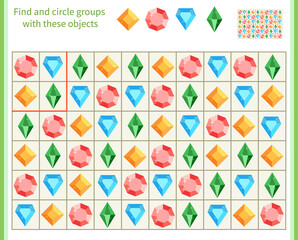   Logic game for children. Divide and circle the groups with the objects shown at the top. Vector illustration