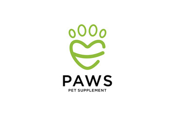 Letter E Love & Cat or Dog Paw Print, Pet Logo Design Template
