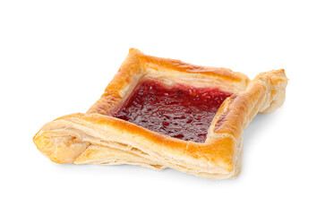 Tasty Danish pastry with fruit jam on white background