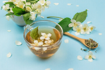A cup of floral tea and branches with blooming jasmine on a blue background.