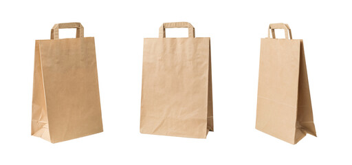 Three large paper bags with handles isolated on a white background.