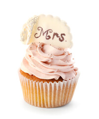 Tasty wedding cupcake on white background