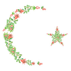 Fototapeta na wymiar Muslim crescent with a star of flowers and berries of the pomegranate tree