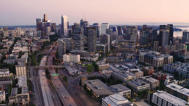 Dusk comes to the Seattle Skyline and Puget Sound