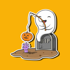 Cute Halloween Ghost Fishing Cartoon Vector Illustration With Pumpkin