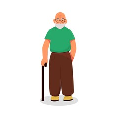 Old man with glasses and with a stick in his hand, vector character in cartoon style. Flat design.