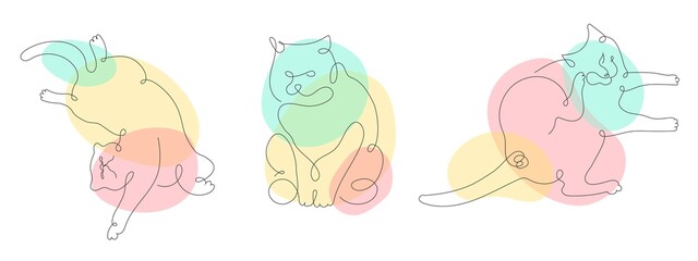 Set with funny cats isolated on white background and colorful spots. Trendy One Line style. Hand drawn vector illustration. Poster, sticker, print, card design. Interior, clothes, t-shirts decor.