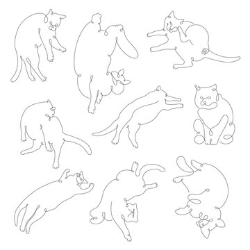 Set with funny cats isolated on white background. One Line style. Hand drawn vector illustration. Poster, sticker, print, card design. Interior, clothes, t-shirts decor.