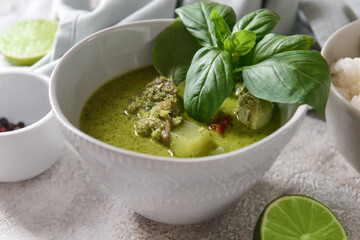 Bowl of tasty green chicken curry and ingredients on table, closeup