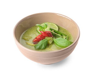 Bowl of tasty green chicken curry on white background