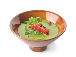 Bowl of tasty green chicken curry on white background