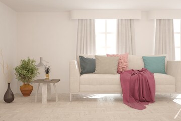 White living room with sofa. Scandinavian interior design. 3D illustration