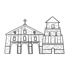 Old catholic church isolated on white background. Line art style. Vector illustration. Coloring book. Christianity, religion. Tower, castle, fortress. Philippines, Bohol island. Architecture. 