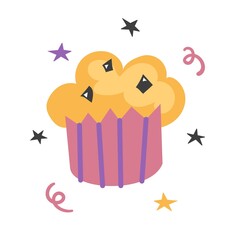 Single cake with chocolate chips and stars isolated on white background. Vector clip art illustration.  Simple decor, doodle style, food, cooking, bakery products, dough, confectionery.