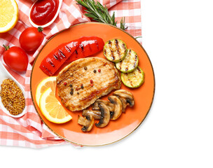 Plate with tasty grilled vegetables and steak on white background