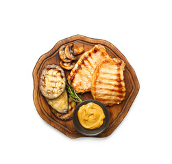 Board with tasty grilled eggplant, mushrooms and steaks on white background