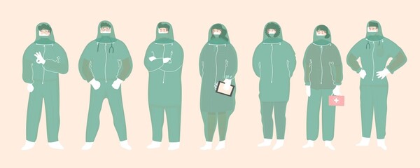 People, man and woman. Doctors in medical suit . Disease control. Vector illustration. Poster, print, card design. Clinic, hospetal personal. Fight with pandemic.  