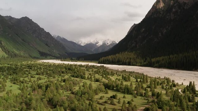 River and mountains at sunset.