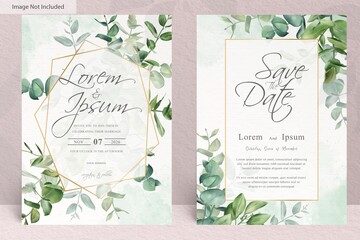 greenery watercolor wedding invitation template with hand drawn eucalyptus - obrazy, fototapety, plakaty