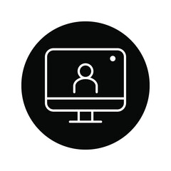 customisable real line icon of a desktop computer with a live broadcast on a social streaming channel with a symbol of a person having a video call or online conference meeting color editable