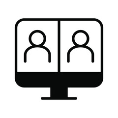 customisable real line icon of a desktop computer with a live broadcast on a social streaming channel with a symbol of a person having a video call or online conference meeting color editable
