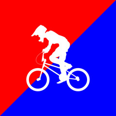 white silhouette BMX Rider logo design isolated on red and blue blue background