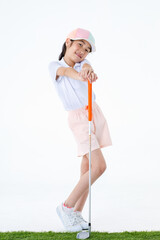 Portrait isolated studio shot of pretty cute little Asian golfer in sport uniform and colorful cap...