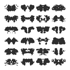 Rorschach test cards. Vector illustration. Psychiatric method. Set with symmetrical abstract ink stains, blobs, splash inkblots. Isolated on white background. 