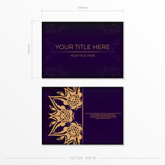 Luxurious purple rectangular postcard template with vintage indian ornaments. Elegant and classic vector elements ready for print and typography.