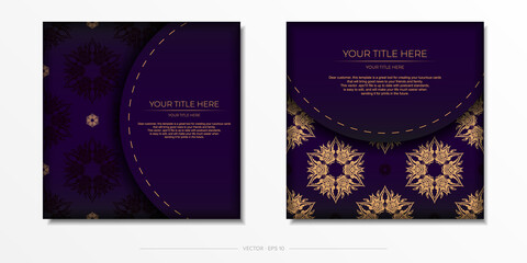 Fototapeta na wymiar Luxurious purple square postcard template with vintage indian ornaments. Elegant and classic vector elements ready for print and typography.