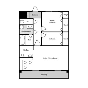 Apartment sample layout. 2 Bedrooms, 1 bathroom.