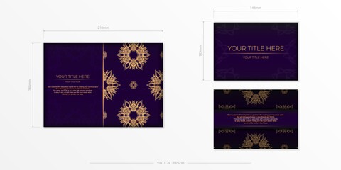 Luxurious purple rectangular postcard template with vintage indian mandala ornament. Elegant and classic vector elements ready for print and typography.