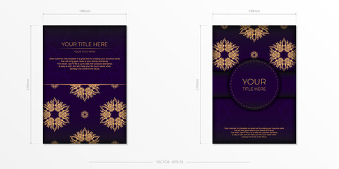 Fototapeta na wymiar Luxurious purple rectangular postcard template with vintage indian mandala ornament. Elegant and classic vector elements ready for print and typography.