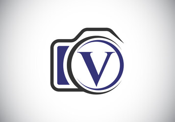 Initial V monogram letter alphabet with a camera icon. Photography logo vector illustration. Modern logo design for photography business, and company identity.