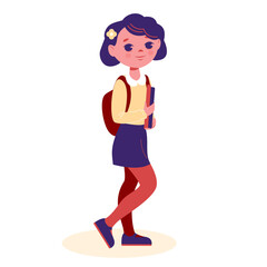 Fototapeta na wymiar A schoolgirl with a backpack is standing. Vector illustration in flat cartoon style. Isolated on a white background.