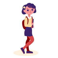 A schoolgirl with a backpack is standing. Vector illustration in flat cartoon style. Isolated on a white background.