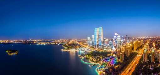 Fototapeta na wymiar Aerial photography of the night view of Suzhou Financial Center
