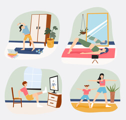 People are doing home workouts watching workout videos. flat design style minimal vector illustration.