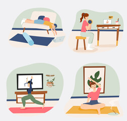 Fototapeta na wymiar People are doing home workouts watching workout videos. flat design style minimal vector illustration.