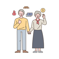 Two old couples holding hands and making a happy gesture, with money icons around them. outline simple vector illustration.
