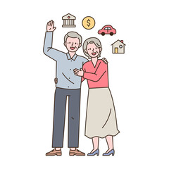 Two elderly couples are standing with happy expressions and there are asset icons around them. outline simple vector illustration.