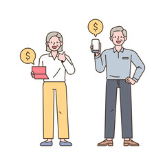 Two old men are looking at the accumulation of assets through bankbooks and mobile banking. outline simple vector illustration.