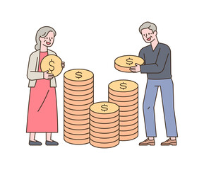 Two old men are stacking coins. outline simple vector illustration.
