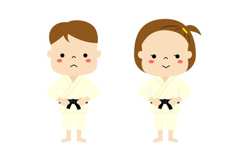 柔道着を着て並んで立っている男の子と女の子