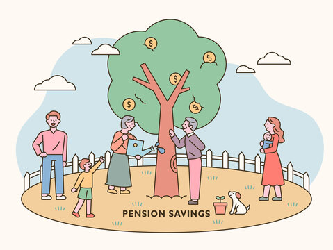 Families, including the elderly and babies, are caring for the money tree together. outline simple vector illustration.