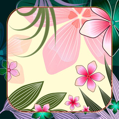 Bright vector pattern for design of headscarf, hijab, tablecloth. Floral background with flowers and leaves, lines, strokes.