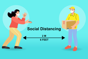 Stay home. Save lives. Shopping online and fast shipping while self quarantine in social distancing Coronavirus COVID-19 outbreak concept. Space for safety and people. flat vector illustration.